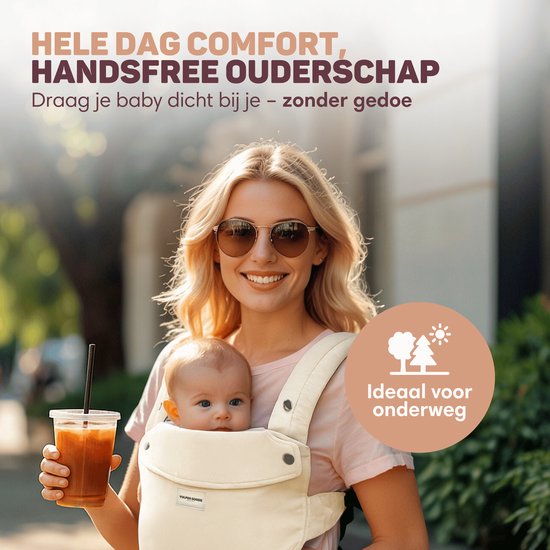 Vulpes Goods® BabyCare Babytrage - Ergonomisch - 0-36 Monate - Luxus-Bauchtrage bis zu 20 kg - OEKO-TEX® Baumwolle - Freihändiger Komfort - Mit Rückenstütze & M-Position - Creme