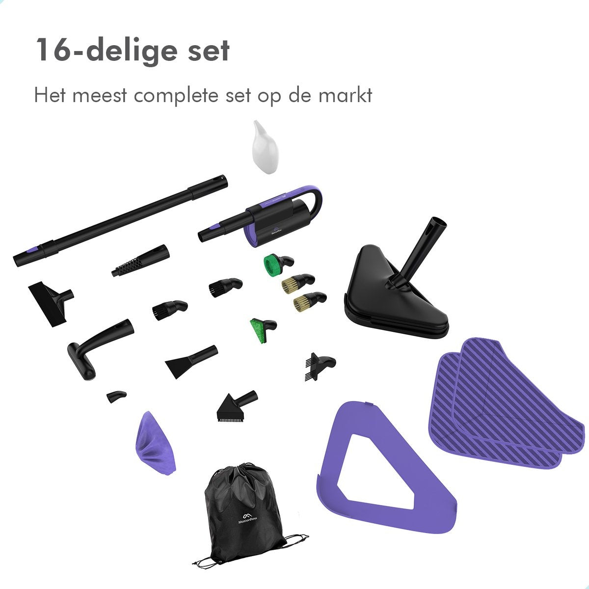 Motionflow - 16-in-1 Dampfreiniger - Fleckenreiniger - Tiefenreinigung für Boden, Sofa, Bad und Teppich - Schwarz