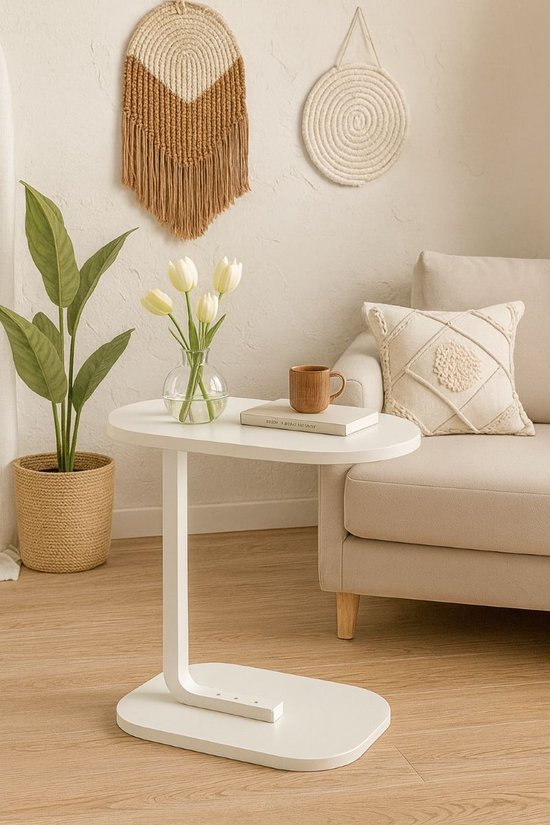 Ceruzo Beistelltisch - Weißer Bank-Tisch - Metall mit Holz - Couchtisch - C-Form - Kompakt- 45x28x60cm