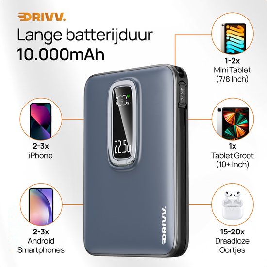 Powerbank 10.000 mAh, kompatibel mit MagSafe, mit USB-C-Kabel – 3-in-1-Design – 22,5 W kabellose Powerbank – inklusive 60-W-Ladekabel – Schnellladefunktion – USB & USB-C – Schwarz –