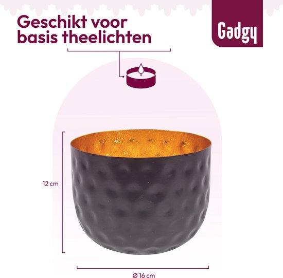 Gadgy Teelichthalter, rund – Teelichthalter – Wohnzimmerdekoration – Stimmungsbeleuchtung für den Innenbereich – Teelichthalter 14 x 15 cm – Windlicht aus Metall – Schwarz/Gold – Geschenk für Frauen