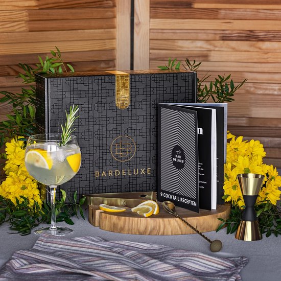 BarDeluxe® Cocktail-Shaker-Set – 5-teiliger Boston-Shaker – Cocktail-Set mit Stößel, Sieb, Barlöffel und Rezeptbuch – inklusive luxuriöser Geschenkbox – Gold