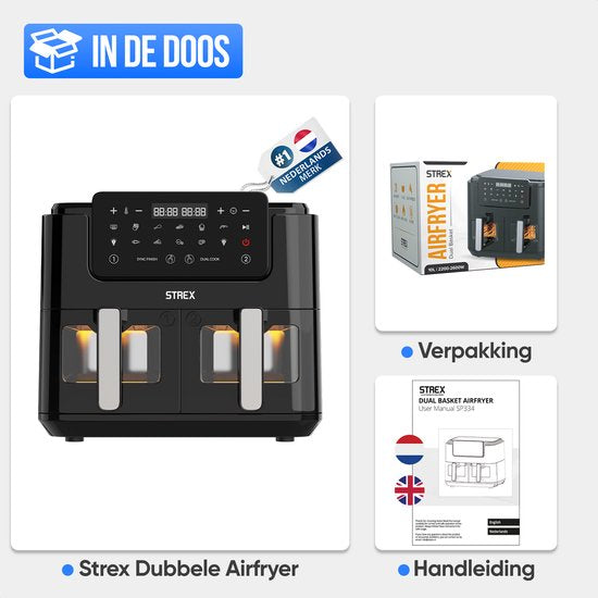 Strex Airfryer XXL - 10L - 2500W - Heißluftfritteuse - Double Airfryer - 50ºC bis 200ºC - 10 Kochprogramme - Schwarz