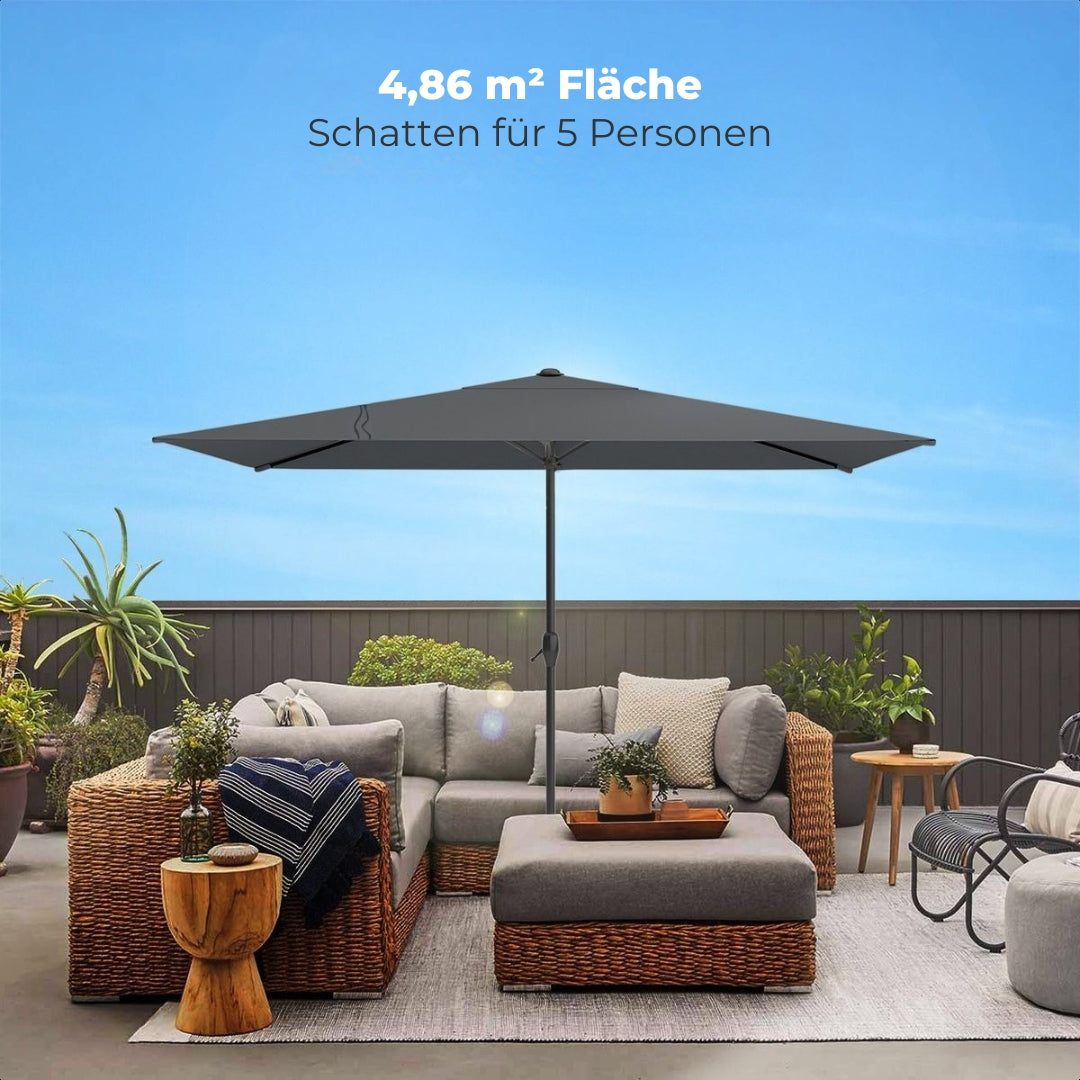 LifeGoods Rechteckiger Sonnenschirm mit Bezug - 30° neigbar - Wasserdicht - 270x180cm - Dunkelgrau