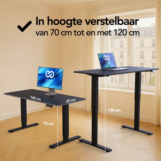 Infinity Goods Sitz-Steh-Schreibtisch, elektrisch verstellbar – 140 x 60 cm – Speicherfunktion – Schwarz