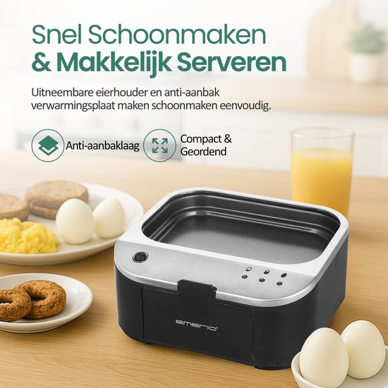 Emerio Smart Elektrischer Eierkocher – Für 6 Eier – 400 W – Sprachansagen – Hart, weich und mittel gekocht gleichzeitig – Inklusive Messbecher – EB-123177.12 – Eierkocher Schwarz