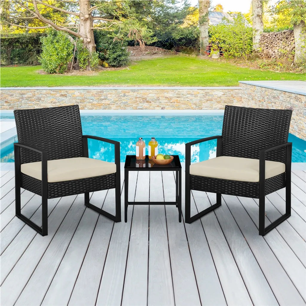 Yaheetech Gartenmöbel-Set, 3-teilig – Schwarz/Beige – Balkon-Set aus Polyrattan mit Beistelltisch und Glasplatte
