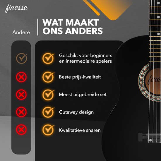 Finesse Akustikgitarre - Starter Set - Nylonsaiten - Klassische Gitarre - Gitarre Kinder & Erwachsene
