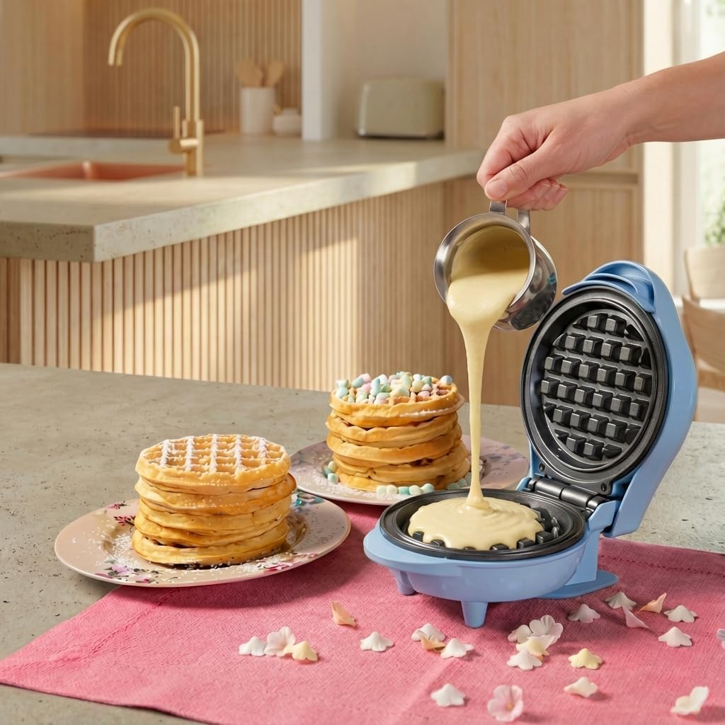 Bestron Mini-Waffeleisen im Retro-Design – Antihaftbeschichtung – Für Kinderfeste und Weihnachten – 550 Watt – 15,4 x 11,3 x 20,3 cm – Blau