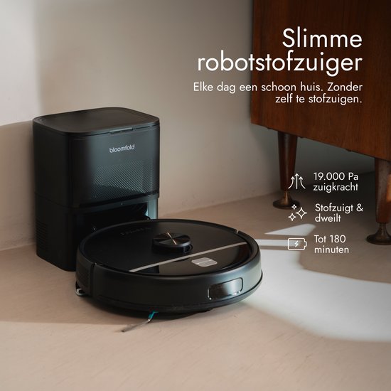 Bloomfold Roboterstaubsauger mit Wischfunktion und Entleerungsstation – 19.000 Pa Saugkraft – LiDAR-Navigation – 180 Minuten – Intelligenter KI-Roboterstaubsauger – Geeignet für Tierhaare