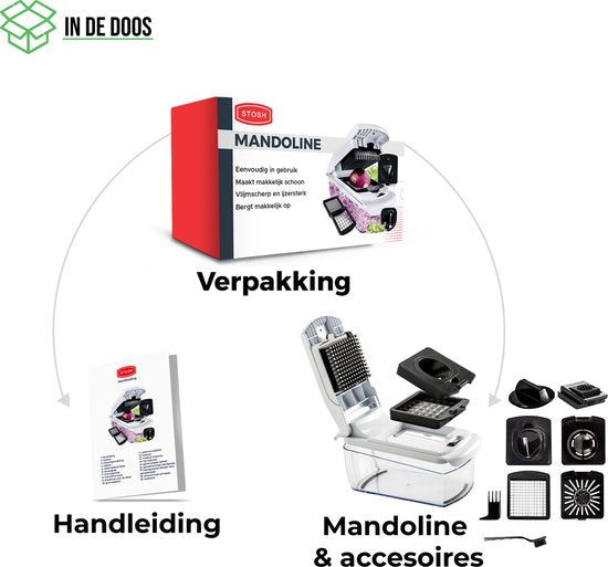 Stosh Mandoline - Gemüseschneider - Zwiebelschneider - Spiralschneider - 7-teilig - Weiß - BPA-frei