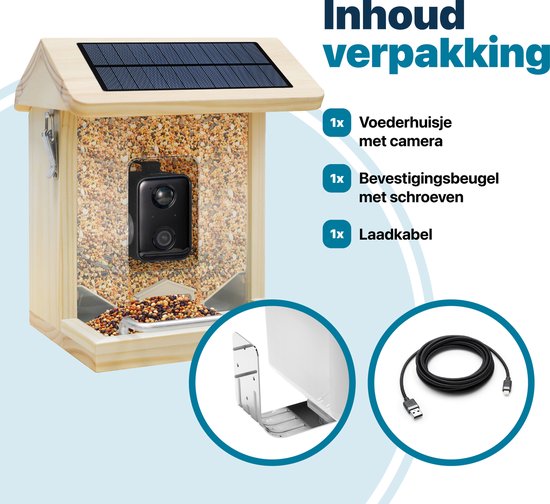 BOME - Vogelfutterautomat - Kamera und Audio - AI-Vogelerkennung - Holz - Doppeltes Solarmodul - Hängend