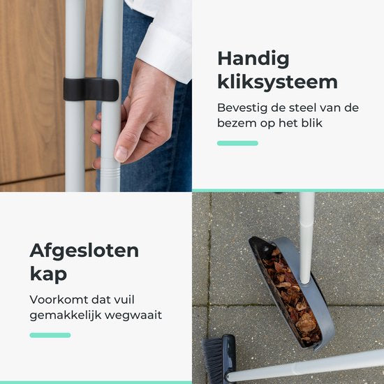CLEANLY Kehrschaufel und Besen mit langem Stiel 134 cm - Besen für drinnen und draußen - Innovative Bürstenfasern - Schwarz, Grau