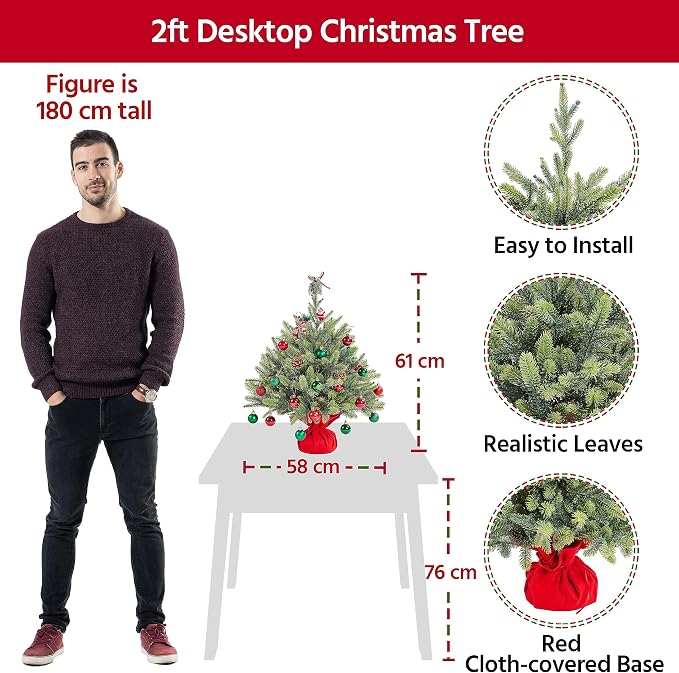 Yaheetech Mini-Kunstweihnachtsbaum 61 cm – Grün – Tischweihnachtsbaum mit Zementfuß und 62 PE-Zweigen