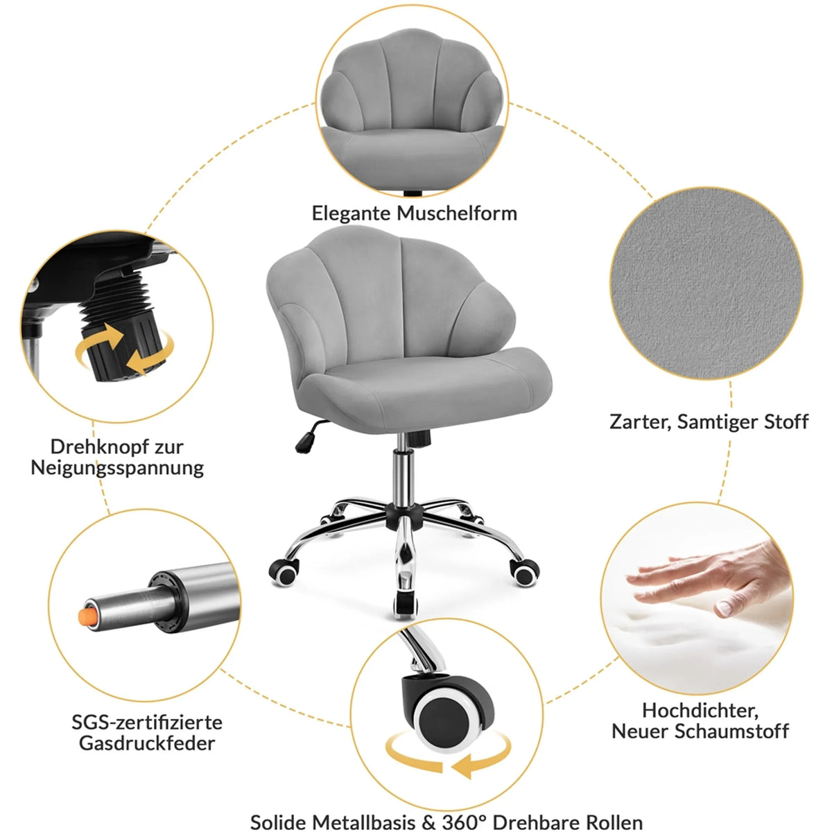 Yaheetech Bürostuhl Shell-Shaped - Features Swing-Funktion und höhenverstellbare Gaslift und gepolsterte Rückenlehne - für Home-Office und Schlafzimmer - Weiß Polyester und Metall - 60 x 60 x 76,5-86 cm