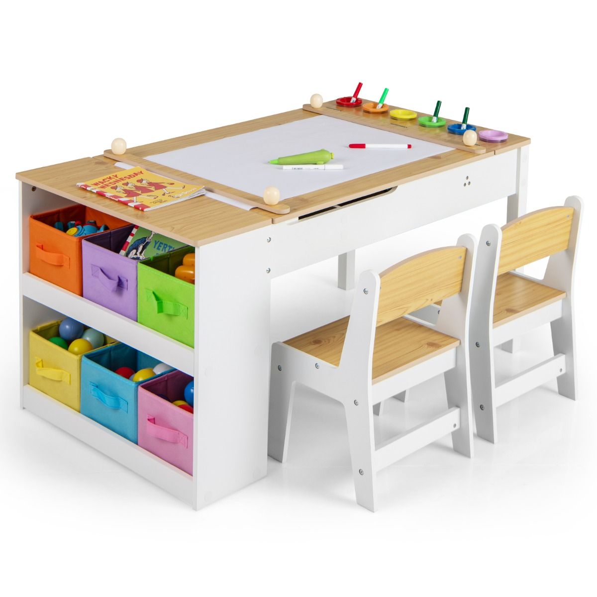 Coast Kinder-Mal- und Zeichenpult-Set – 2-in-1-Multifunktionsdesign – mit 2 Stühlen – weiß und naturfarben