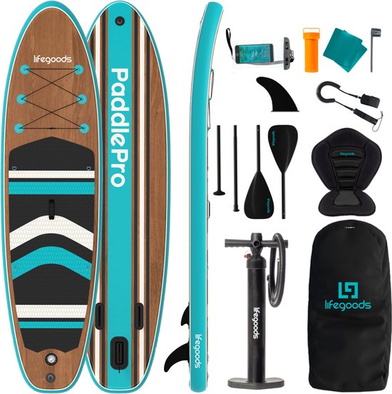 LifeGoods PaddlePro SUP Board - mit Sitz - Aufblasbares Paddle Board - Komplettset - Max. 150KG - 320x81cm - Holz/Blau
