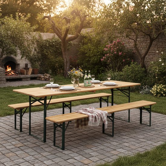 AXI Toon Biertisch-Set – Klapptisch und 2 Bänke – 220 cm – Stahlgestell & Holz – Mit Gummifüßen – Picknicktisch für den Außenbereich