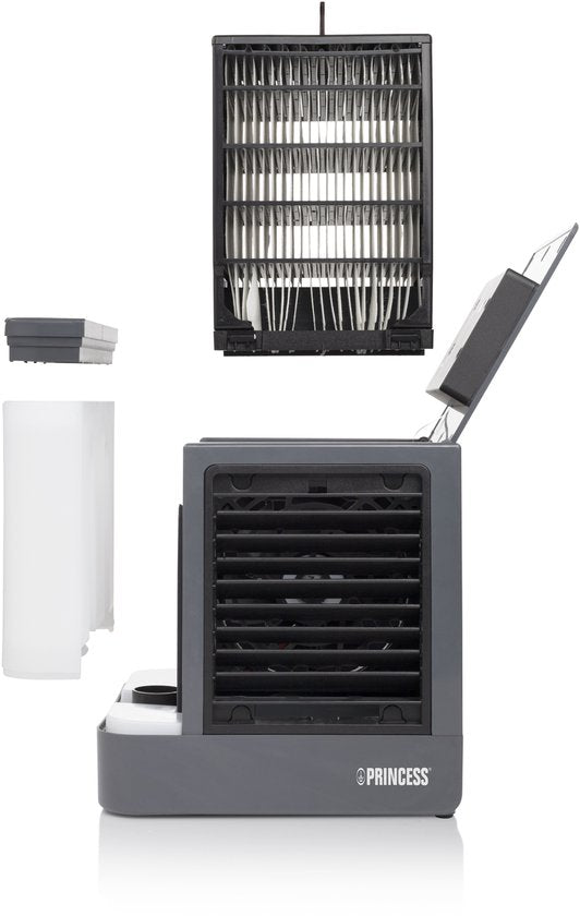 Princess 355500 Premium Mini-Luftkühler 14,2 x 14,2 x 14,8 cm – Tragbare Klimaanlage für Schreibtisch und Schlafzimmer – Luftkühler mit USB-C-Anschluss, LED-Beleuchtung in 7 Farben, herausnehmbarer Wasserverdunstungsfilter, persönlicher Kühler, kompakt fü