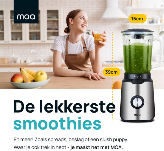 MOA Blender - Smoothie Maker mit 1.5L Glaskrug - für Eis, gefrorene Früchte, Nüsse - Mini - 1020W - Edelstahl - Silber