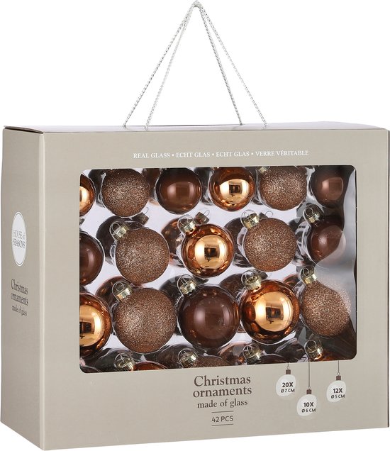 Mica Decorations Glas-Weihnachtskugeln-Set – Weihnachtskugeln mit Glanz und Glitzer – Weihnachtsschmuck für den Weihnachtsbaum – Baumspitze – 42-teiliges Set – Ø 7 cm – Braun