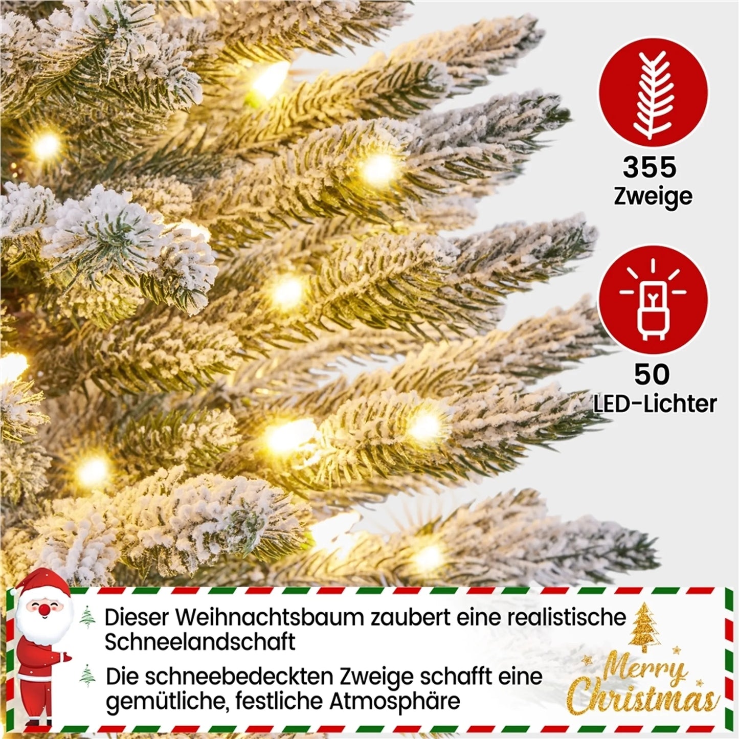 Yaheetech Tisch-Weihnachtsbaum mit Schnee und Lichtern - Φ55 x 92 cm - Mit 355 Zweigen und 50 LED-Lichtern und realistischem Stamm - Für Fensterbank und draußen - Grünes PVC und Metall