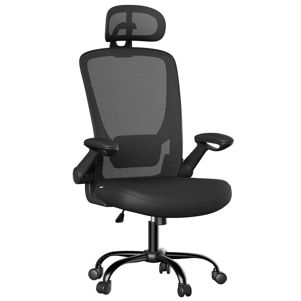 Joyfurnos Ergonomischer Bürostuhl aus Netzgewebe – Verstellbare Lendenwirbelstütze und Kopfstütze – Neigungsfunktion – 64 x 64 x 115–130 cm – Tiefschwarz
