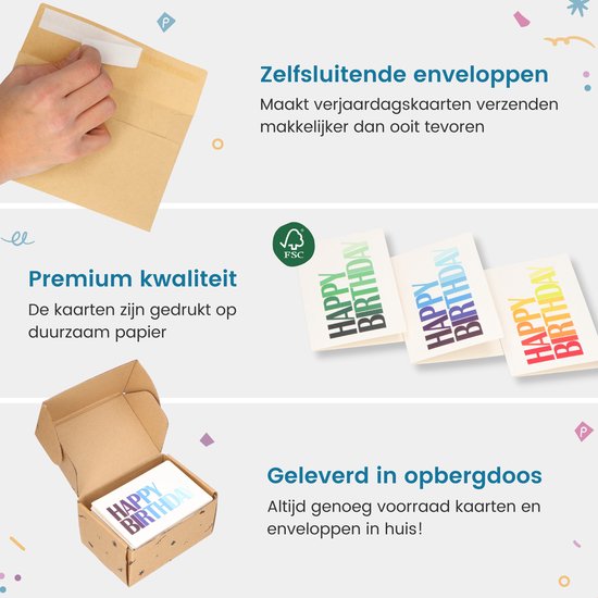 Partizzle 48x Geburtstagskarten mit Umschlag Set - Grußkarten versenden - Geburtstagspostkarten - 15x10 cm - Happy Birthday