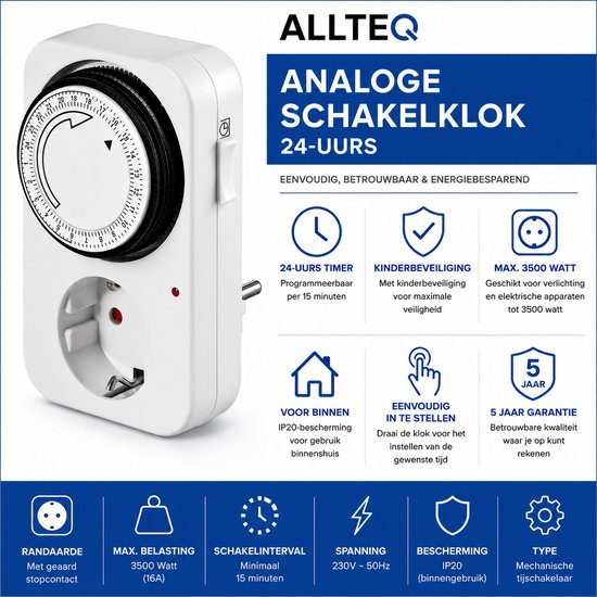 Zeitschaltuhr – Analog – Zeitschalter – Schuko – 24 Stunden – Allteq