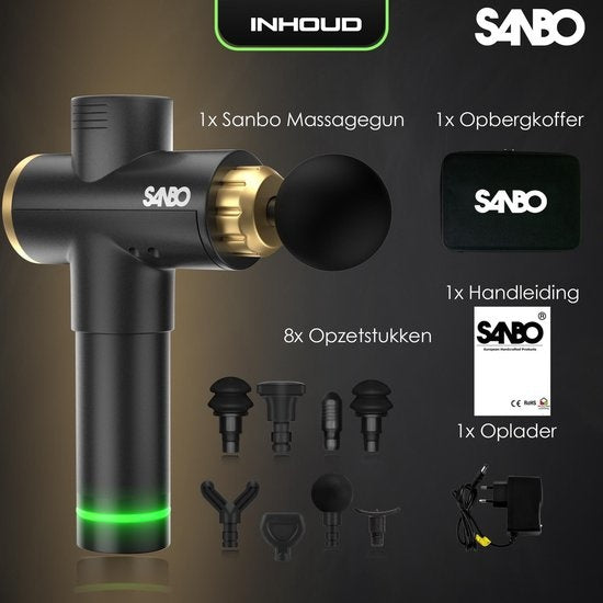 Sanbo Massagepistole Elite - Sport- und Entspannungsmassage - Schwarz/Gold - Professionelle 30 Stufen - Inklusive Etui - Inklusive APP - Massagepistole - Massagegerät - Fitness