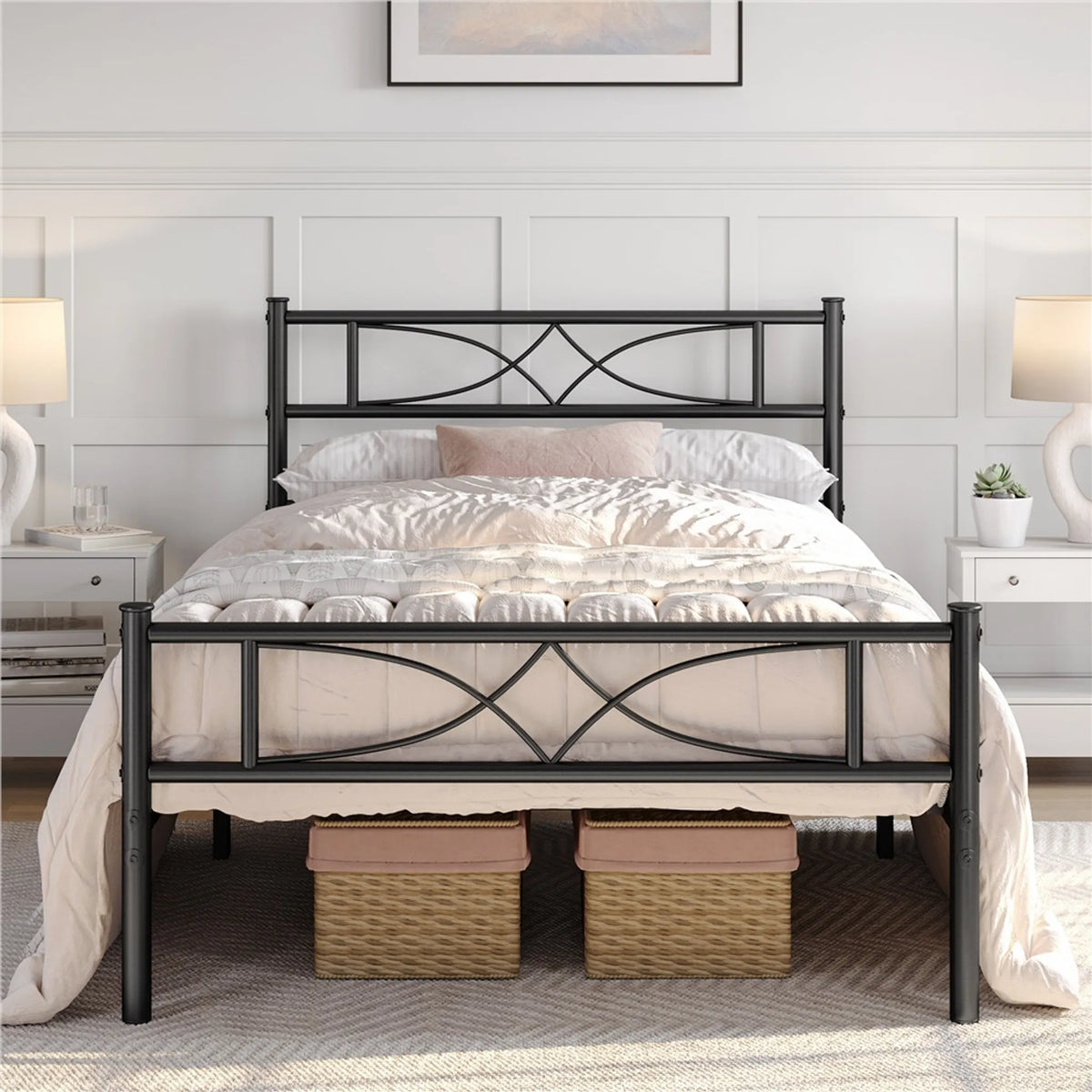Yaheetech Metallbettgestell 90 x 200 cm – Schwarz – 204 kg – Mit Kopf- und Fußteil – 32 cm Stauraum unter dem Bett