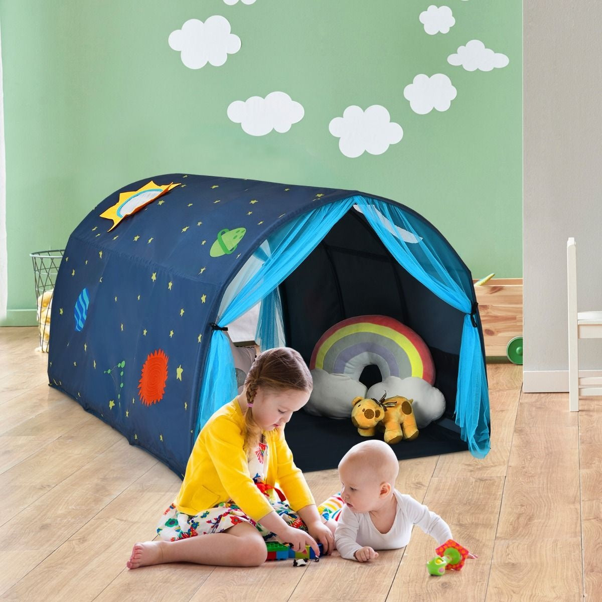 Coast Cot Princess Kinderspielhaus Kinderzelt mit Fenster & Tasche & Vorhang Blau