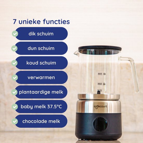 Safecourt Kitchen Glas-Milchaufschäumer - Elektrischer Milchaufschäumer - Glaskanne & PFAS-frei - Spülmaschinenfest - Schwarz - MF700