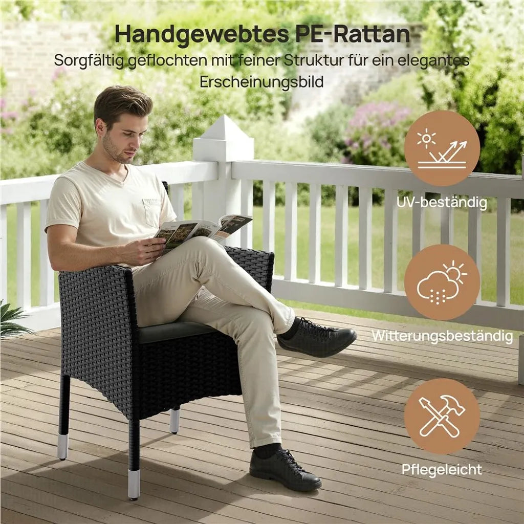 Yaheetech 2er-Set Gartenstühle 58 x 58 x 84 cm – Schwarz/Grau – Gartenstühle aus Polyrattan mit Sitz- und Rückenkissen