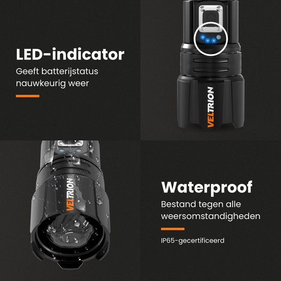 Veltrion LED-Taschenlampe, wiederaufladbar – Kostenloses Zubehör – Militärtaschenlampe – 6000 Lumen – 26650-Akku – 5 Leuchtstufen – Powerbank-Funktion – Taschenlampe mit Akkus – Notfallpaket