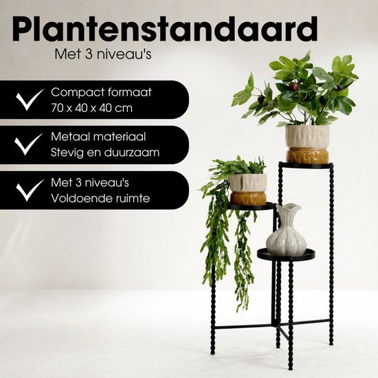 Mica Decorations Salvo Pflanzenregal – Pflanzenständer für Zimmerpflanzen – Pflanzentisch für den Innenbereich – Pflanzenuntersetzer mit drei Ablagen – 40 x 40 x 70 cm – Eisen – Schwarz