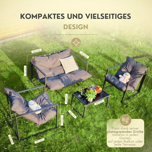 O'DADDY® Lounge Set für 4 Personen - Inklusive Kissen - Gartenmöbelset - Glastisch - Metall - dunkelgrau
