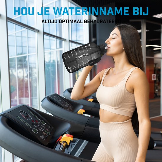 Fitcrafters Wasserflasche mit Zeitmarkierungen - Motivations-Trinkflasche - 2L - BPA frei - Schwarz