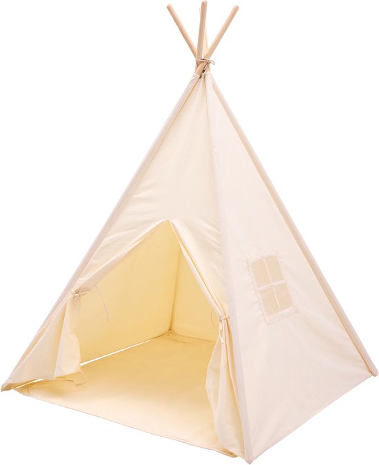 Sunny Vera Tipi-Zelt in Creme für Kinder – Wigwam-Spielzelt aus Baumwolle mit Fenster – Tipi-Zelt für Kinder mit Bodenmatte – 110 x 110 x 160 cm – Stangen aus Holz