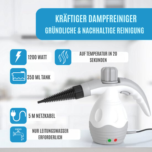 Strex - Dampfreiniger - 1200W - entfernt 99,9% Bakterien - 6 Aufsätze - Weiß