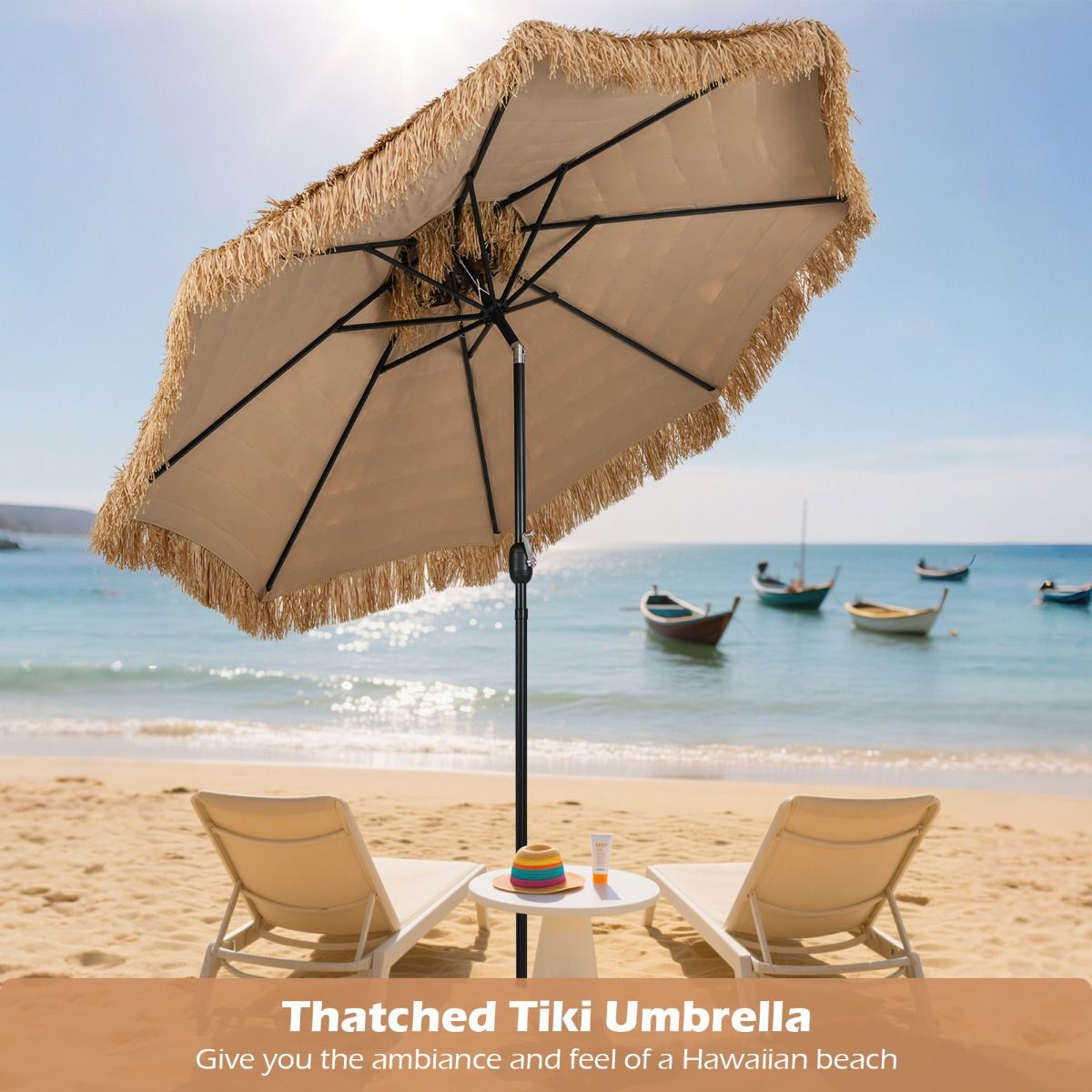 Coast 299 cm Wicker Tiki Parasol Hawaii Double Deck Market Parasol - Natur/Schwarz, Ø 299 cm x 270 cm hoch