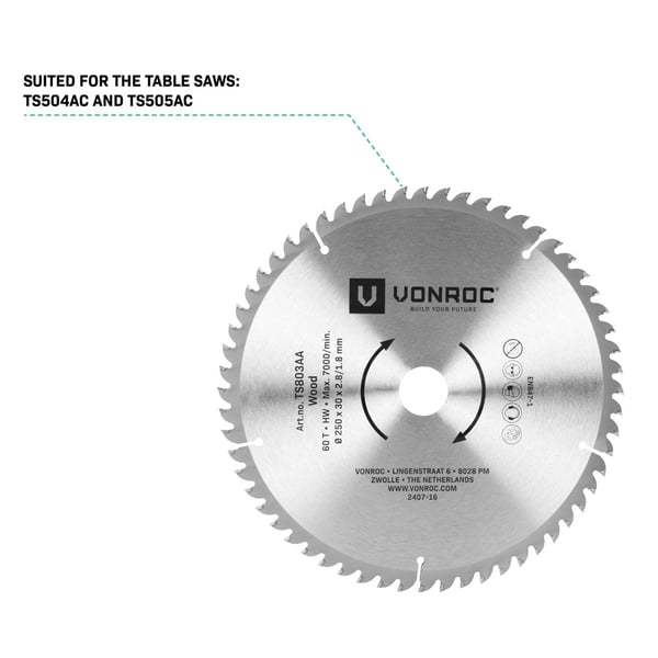 VONROC-Sägeblatt 60T Ø250 x 30 x 2,8/1,8 mm – Für Holz- und Tischsägen