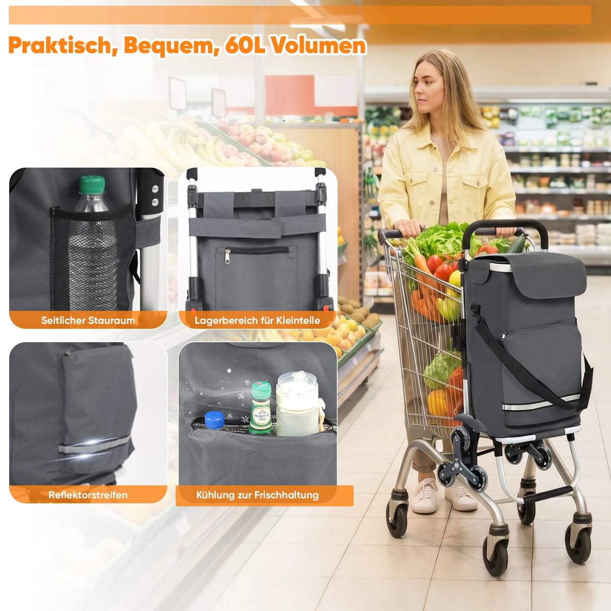 Sekey Einkaufswagen mit Treppenfahrfunktion, 60 l, grau, 36 x 42 x 98 cm