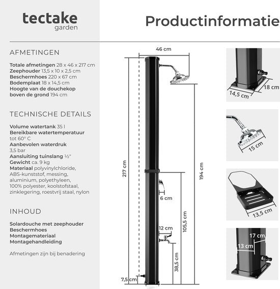 tectake® Außendusche – Solar – 35 l – Warmwasser bis 60 °C – Mit Schutzhülle und Seifenschale – Gartenschlauchanschluss – Gartendusche mit großem, verstellbarem Duschkopf und Fußhahn – Solardusche – Campingdusche mit Solarenergie – Schwarz