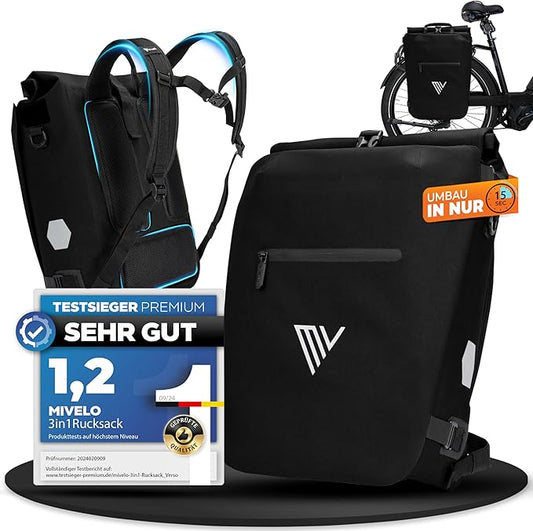 MIVELO Pannier - 3-in-1-Rucksack & Umhängetasche - Wasserdicht - 20 Liter - Schwarz