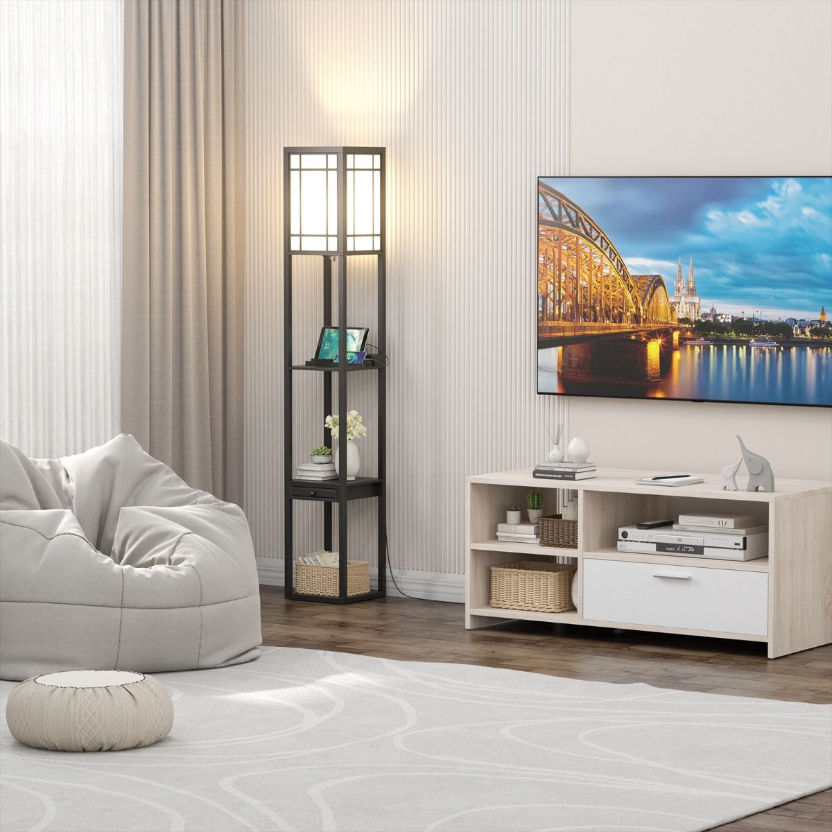 Stehleuchte Coastal mit 3 offenen Fächern - 2 USB-Anschlüsse - 26 x 26 x 161 cm - Schwarz