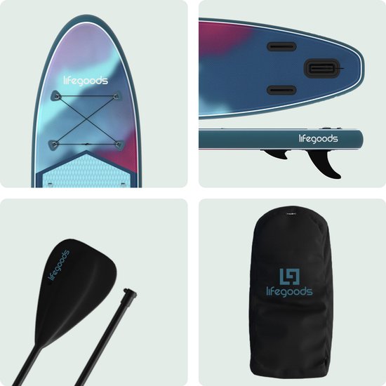 LifeGoods SUP Board All-round Compact - mit Sitz - 100 KG Tragfähigkeit - 300 x 76 cm - Aufblasbar - Komplettes SUP Paket - Blau/Lila