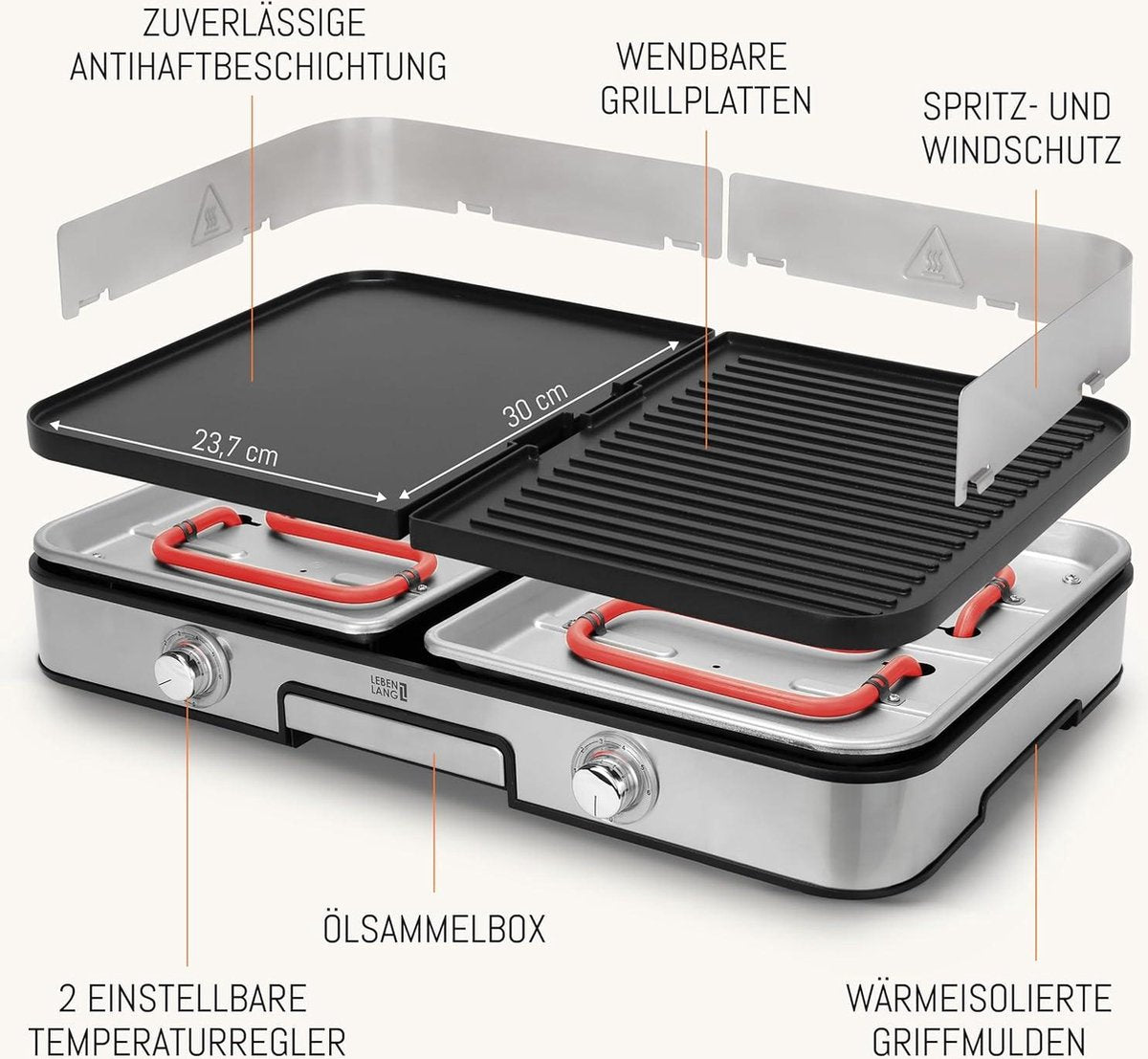 LEBENLANG Elektro-Tischgrill 2400W - Grau - 2x Grillplatten (gerippt & glatt) - 55 x 30 cm - Inklusive Grillzange und Spritzschutz - Für den Innen- und Außenbereich