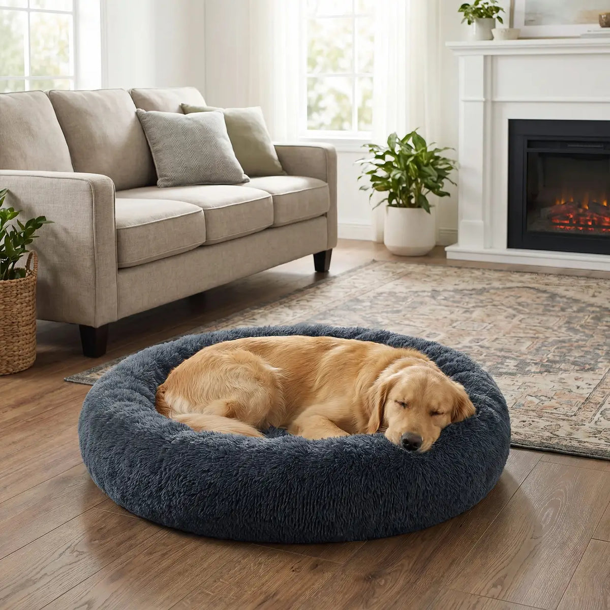Joyfurnos Donut-Hundekorb „Fluffy“ – beruhigend – abnehmbarer, waschbarer Bezug – 100 cm – Dunkelgrau