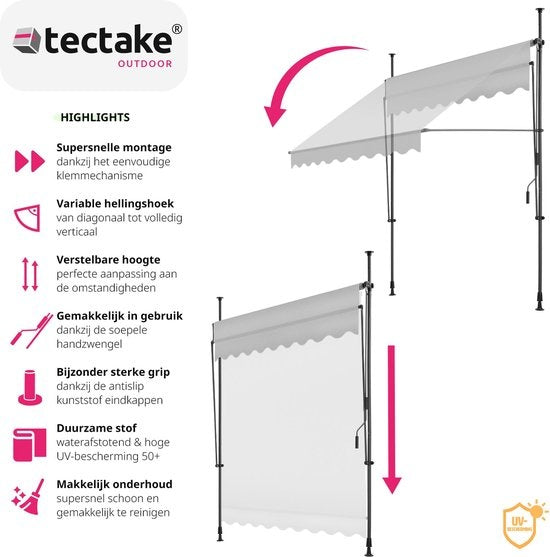 Tectake Klemmmarkise - Sonnenschirm - Verstellbar - Balkon - 200 x 180 cm - Hellgrau
